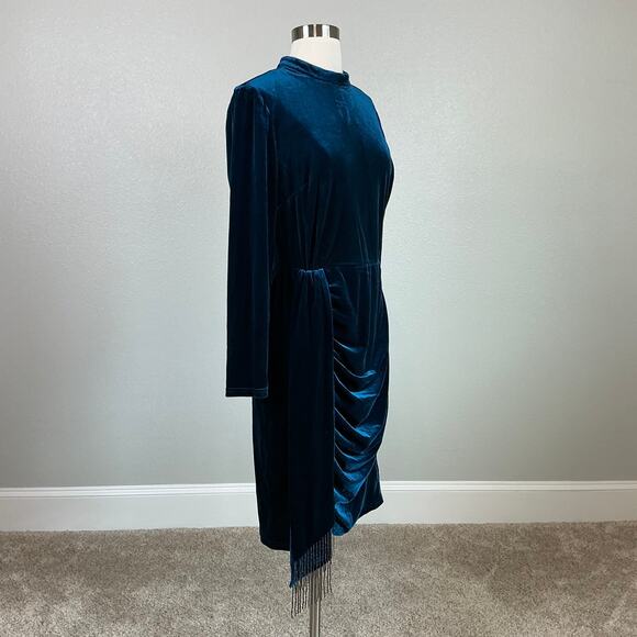 Tahari ASL Long Sleeve Velvet Sheath Cocktail Dress Blue Size 16 Beaded Sash - Picture 2 of 15